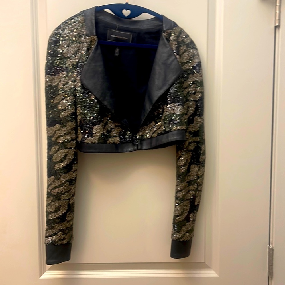 BCBG sequine camo bolero jacket sz xs